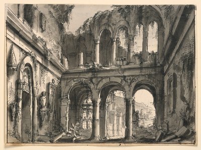 Dibujo, Diseño de escenario, Interior de un palacio renacentista en ruinas, principios del siglo XIX de Unknown